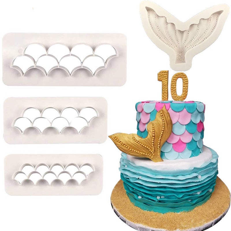 HiParty 4Pcs/Set Mermaid Tail Silicone Fondant Mold & Scale Fondant Cutter, Fish Scales Pattern Geometric Embossing Biscuit Cookie Cutter DIY Mermaid Birthday Party Cake Decorating Supplies - Image 1